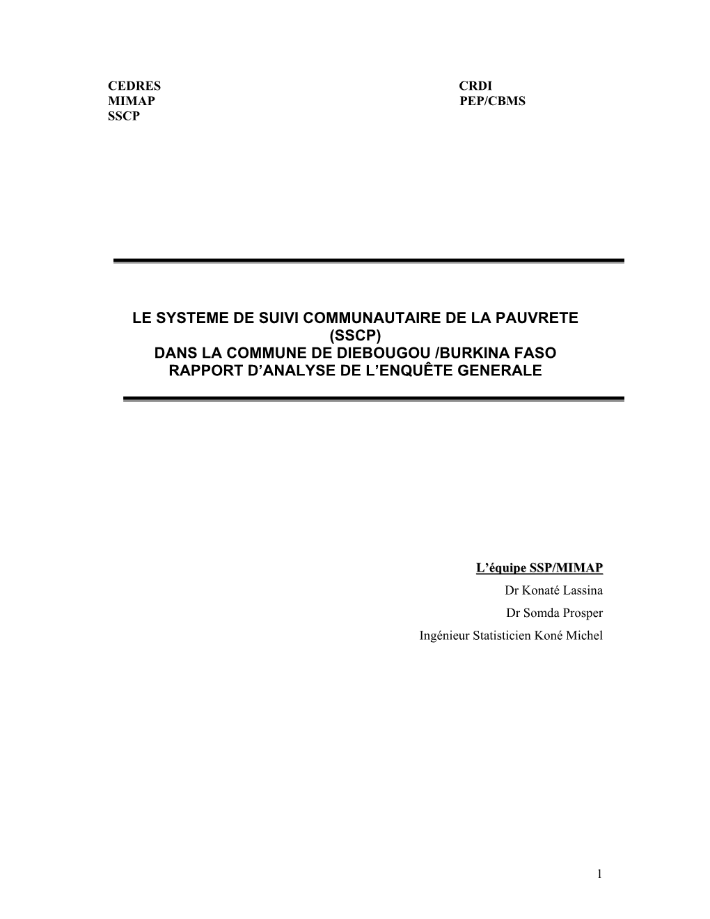 Dans La Commune De Diebougou /Burkina Faso Rapport D’Analyse De L’Enquête Generale