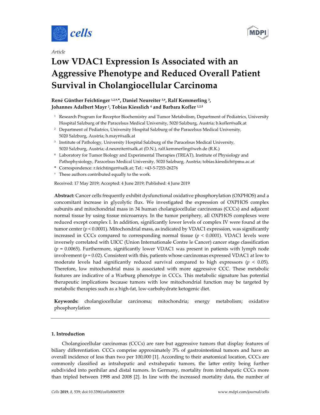 Low VDAC1 Expression Is Associated with an Aggressive Phenotype and Reduced Overall Patient Survival in Cholangiocellular Carcinoma