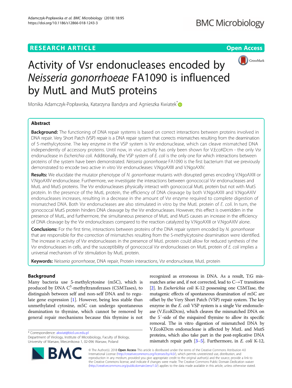 Activity of Vsr Endonucleases Encoded by Neisseria Gonorrhoeae