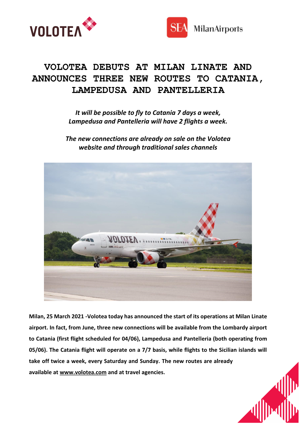 Volotea Debuts at Milan Linate and Announces Three New Routes to Catania, Lampedusa and Pantelleria