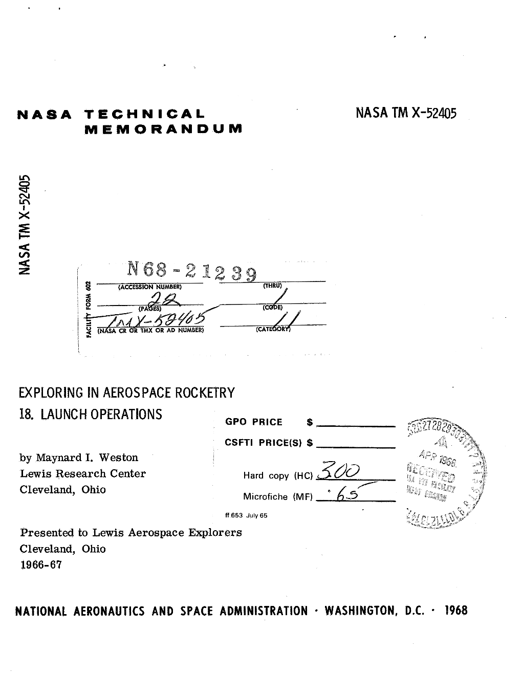 Nasa Tm X-52405 Memorandum