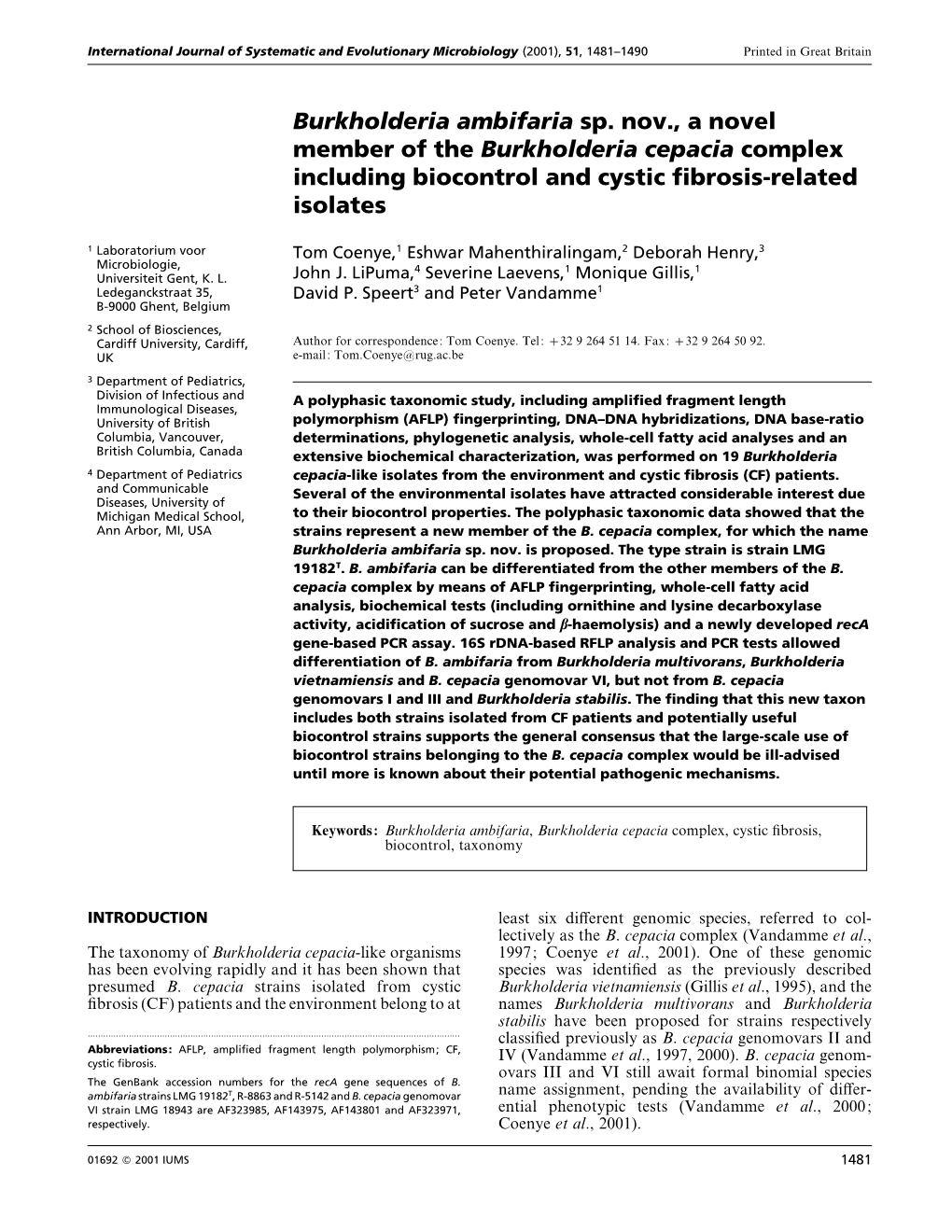 Burkholderia Ambifaria Sp. Nov., a Novel Member of the Burkholderia Cepacia Complex Including Biocontrol and Cystic ﬁbrosis-Related Isolates