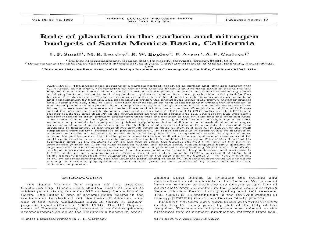 Role of Plankton in the Carbon and Nitrogen Budgets of Santa Monica Basin, California