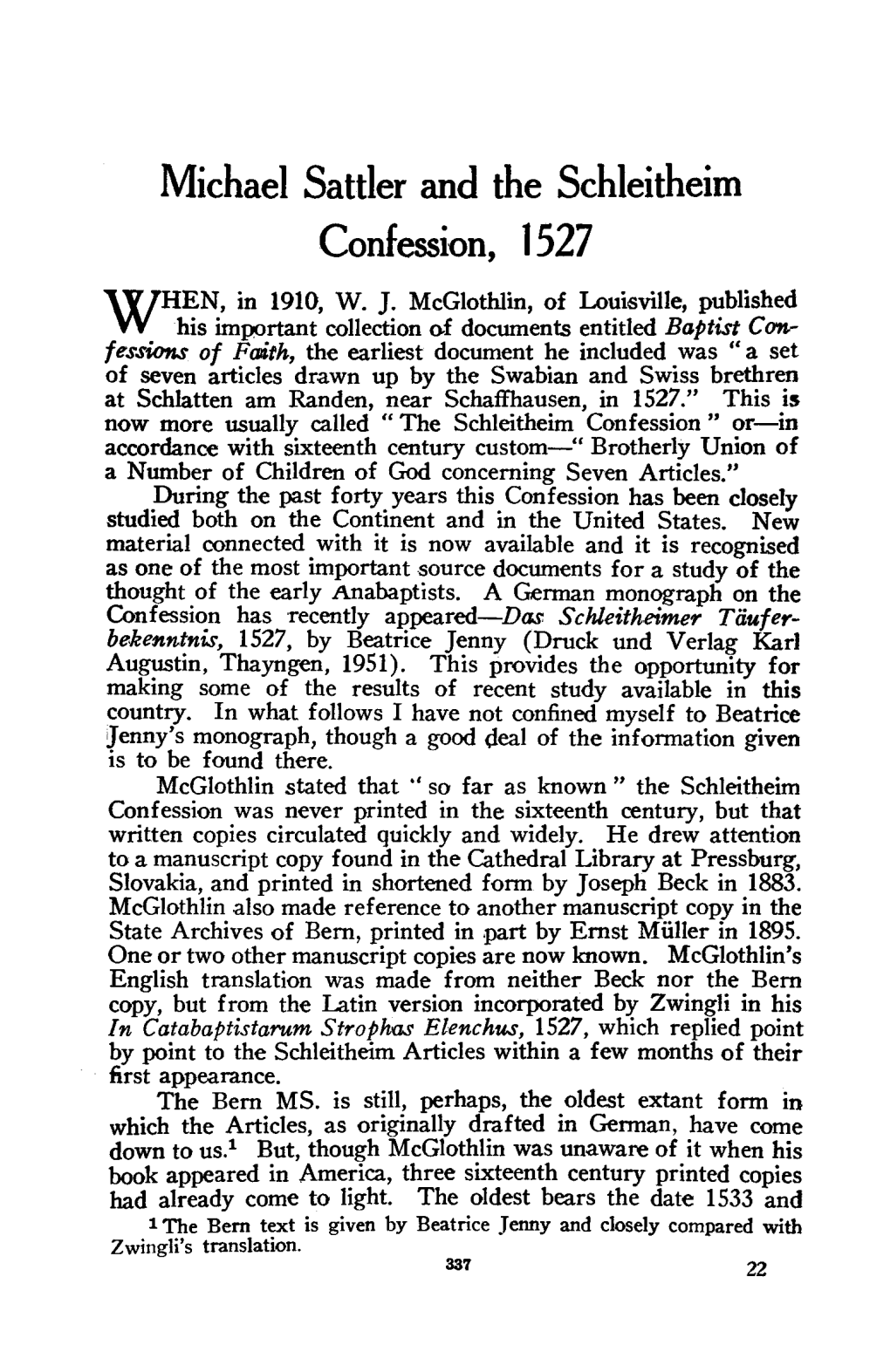 Michaei Sattier and the Schieitheim Confession, 1527 HEN, in 1910, W