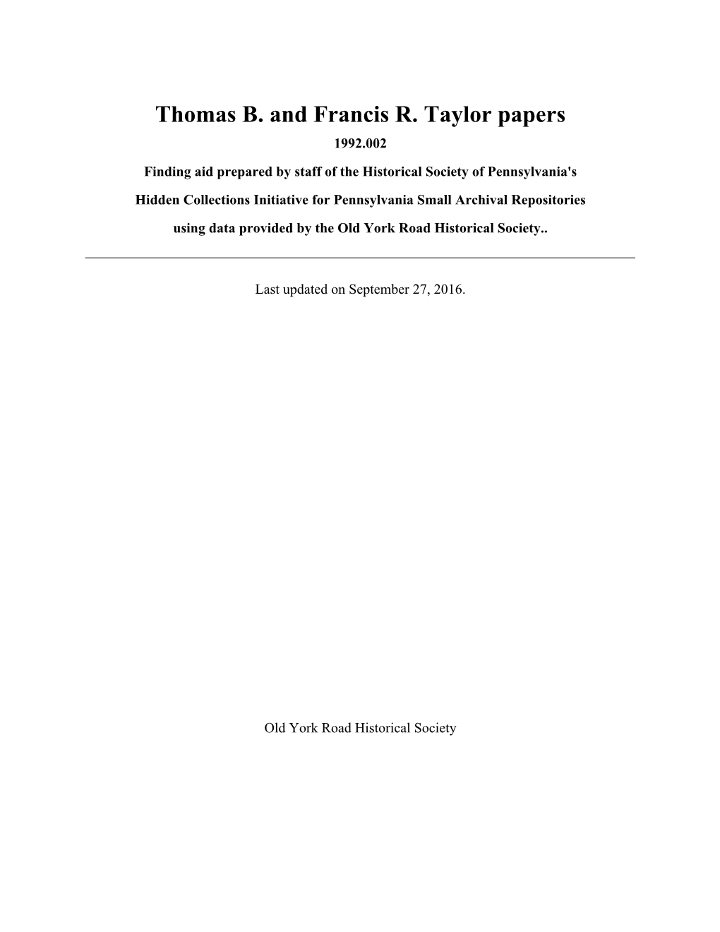 Thomas B. and Francis R. Taylor Papers
