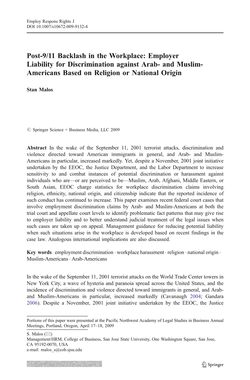 Post-9/11 Backlash in the Workplace: Employer Liability for Discrimination Against Arab- and Muslim- Americans Based on Religion Or National Origin