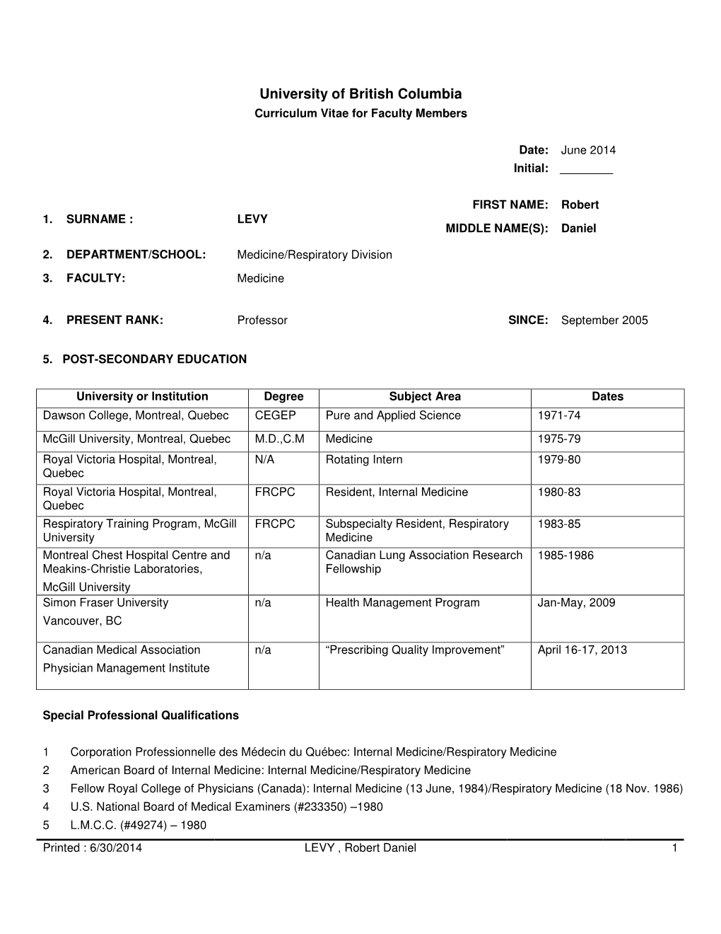 University of British Columbia Curriculum Vitae for Faculty Members