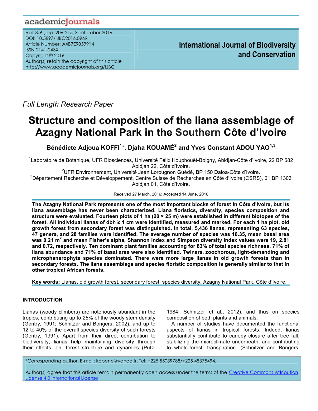 Structure and Composition of the Liana Assemblage of Azagny National Park in the Southern Côte D’Ivoire