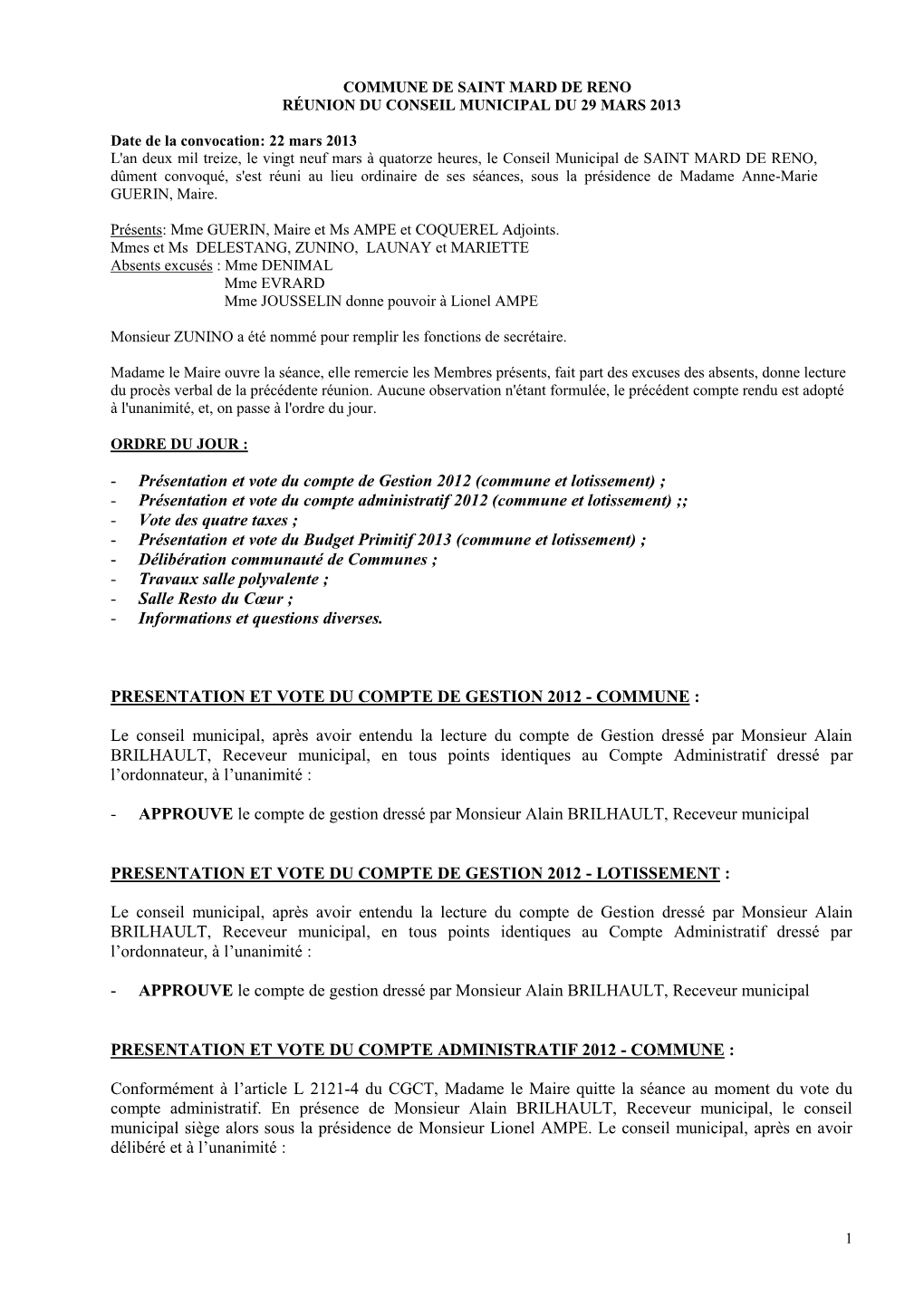 Commune De Saint Mard De Reno Réunion Du Conseil Municipal Du 29 Mars 2013