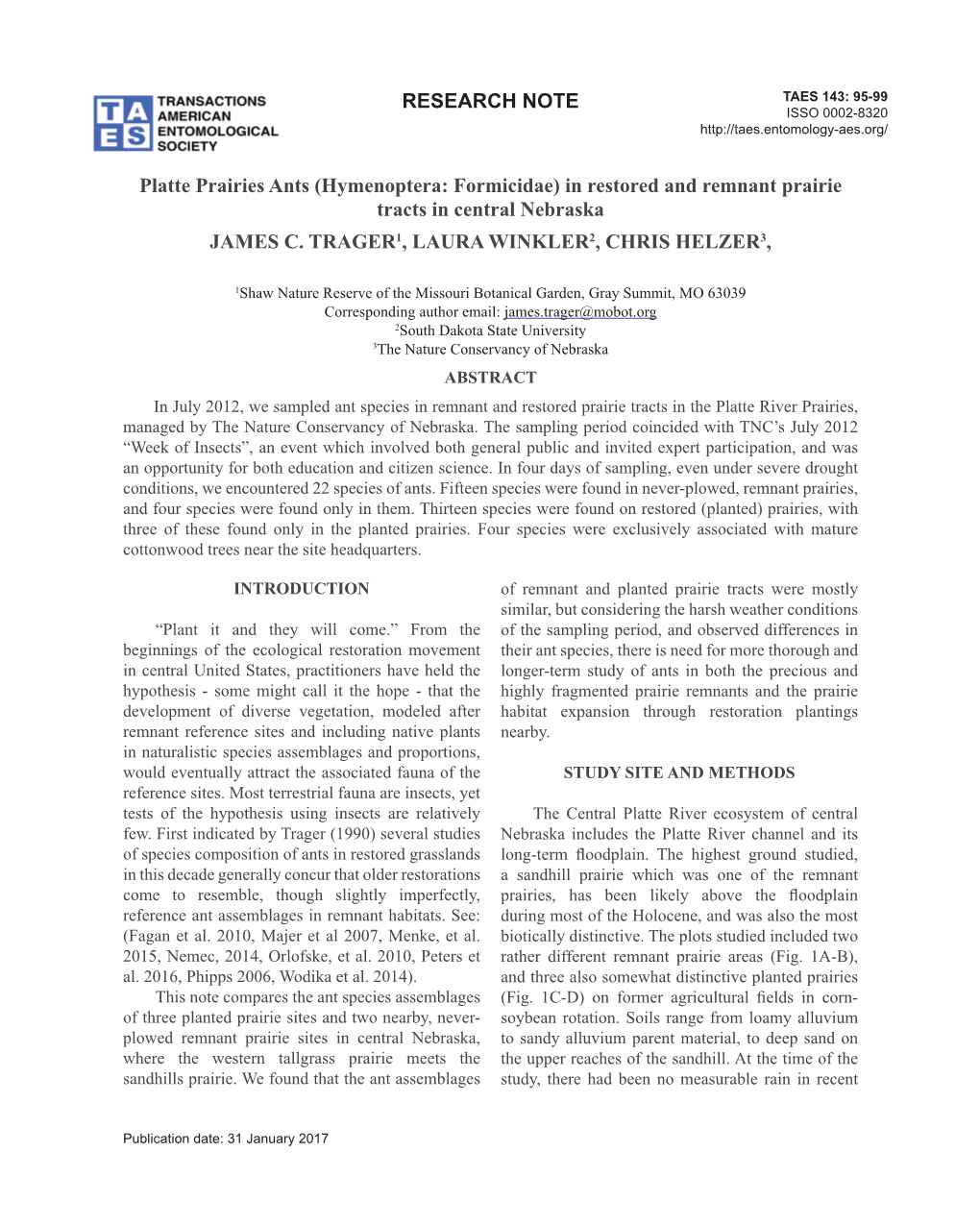 RESEARCH NOTE Platte Prairies Ants (Hymenoptera: Formicidae) In