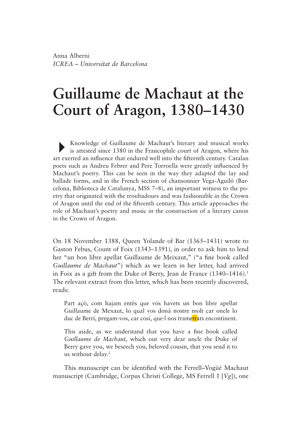 Guillaume De Machaut at the Court of Aragon, 1380–1430