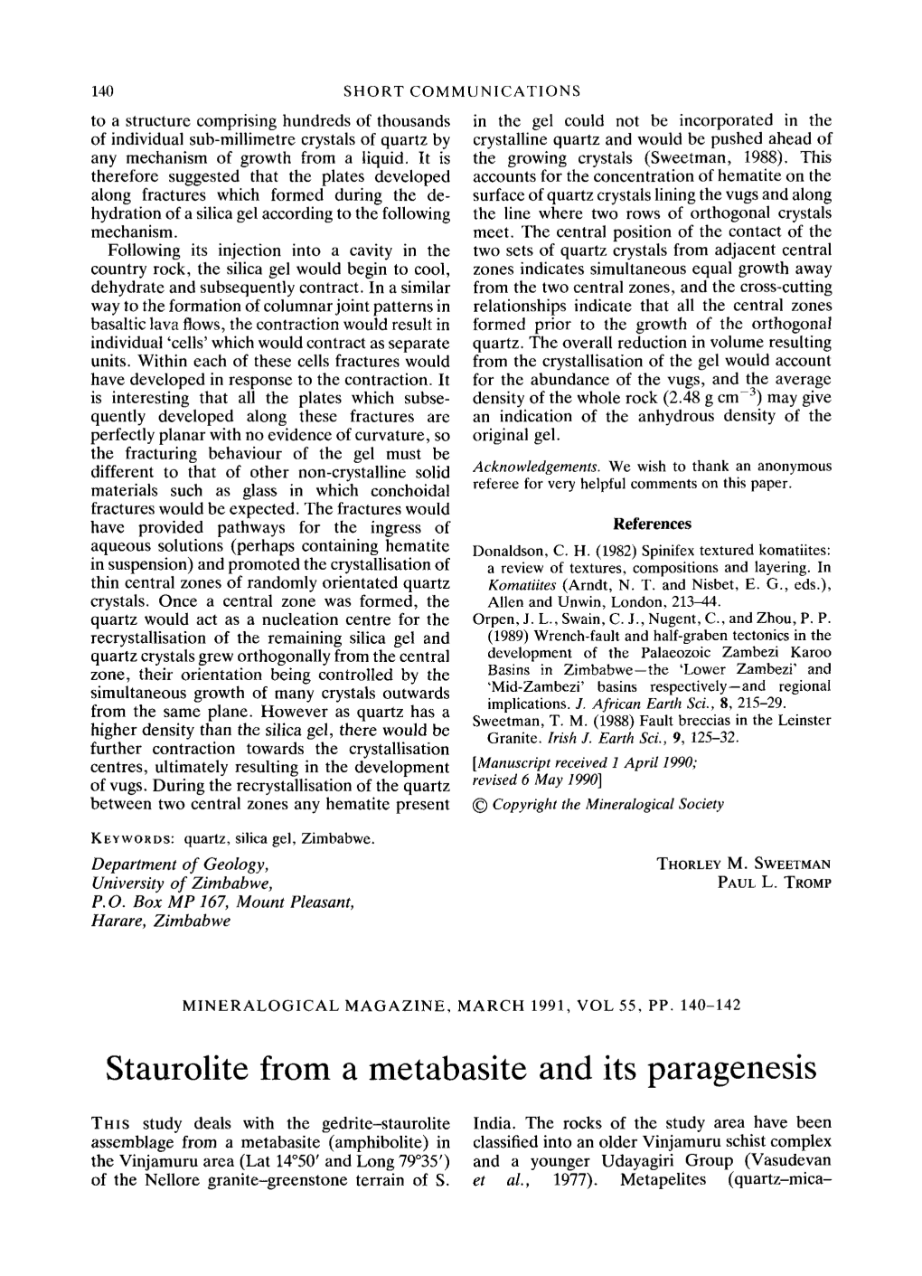 Staurolite from a Metabasite and Its Paragenesis