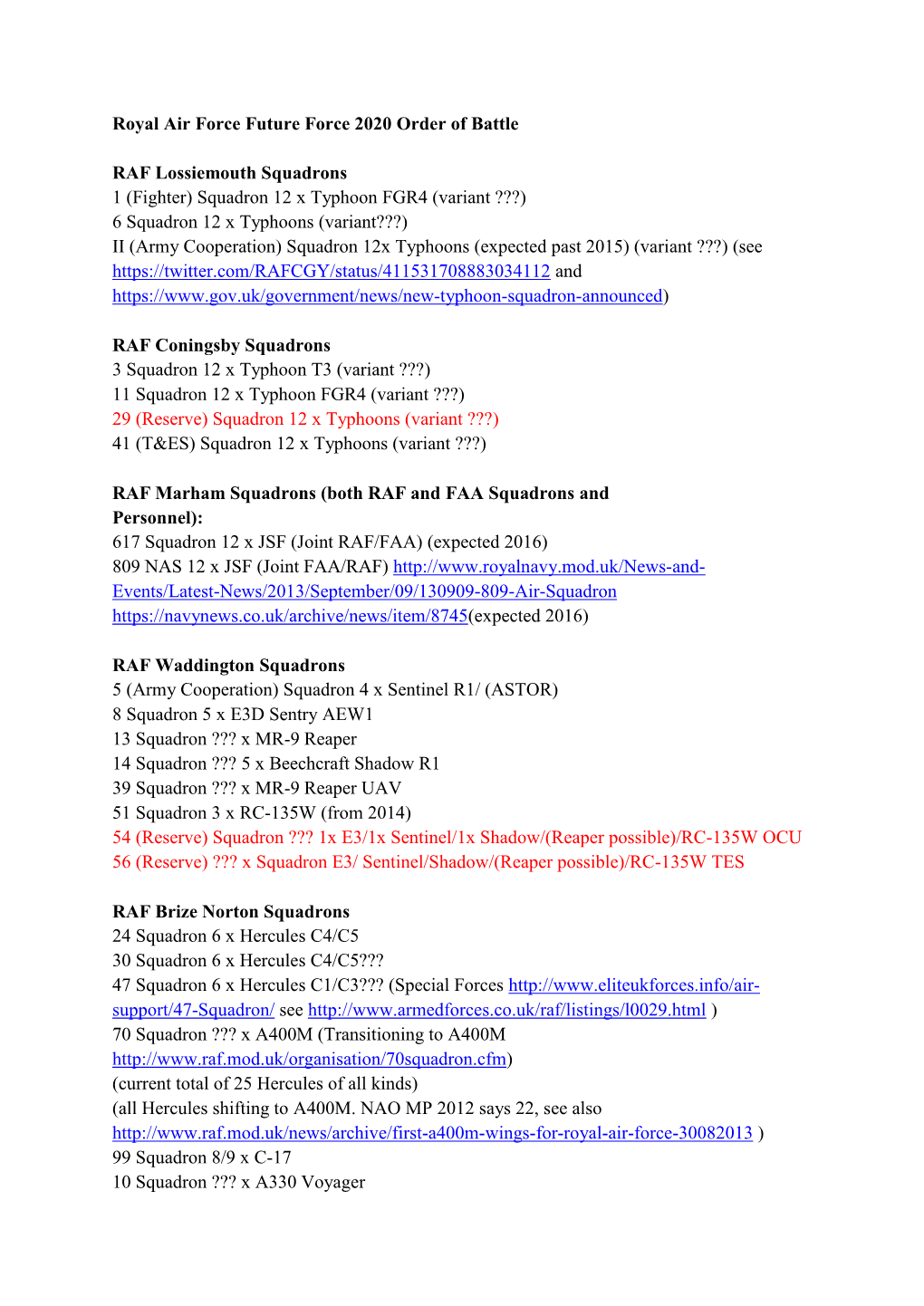 Royal Air Force Future Force 2020 Order of Battle RAF Lossiemouth