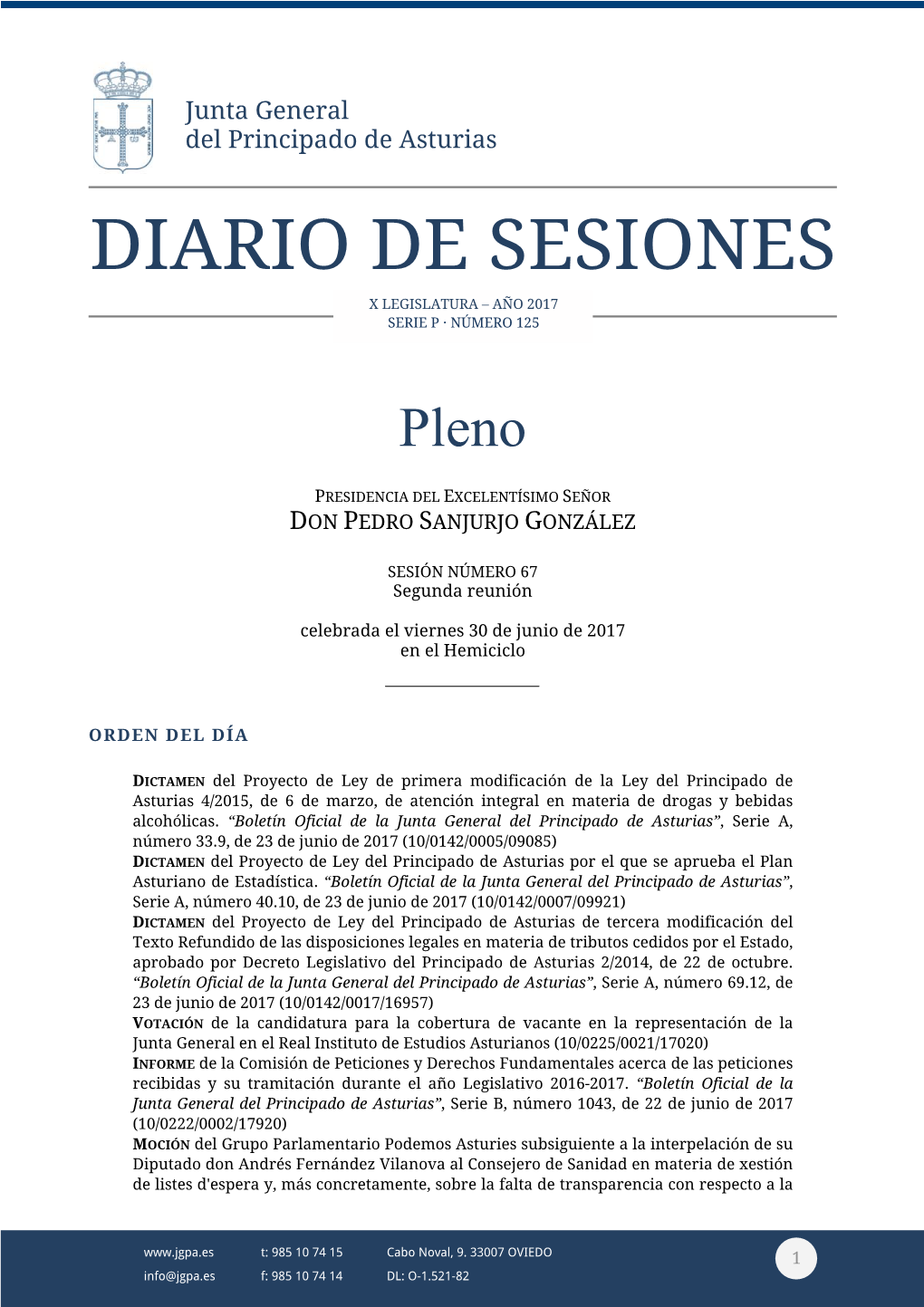 Diario De Sesiones X Legislatura – Año 2017 Serie P · Número 125