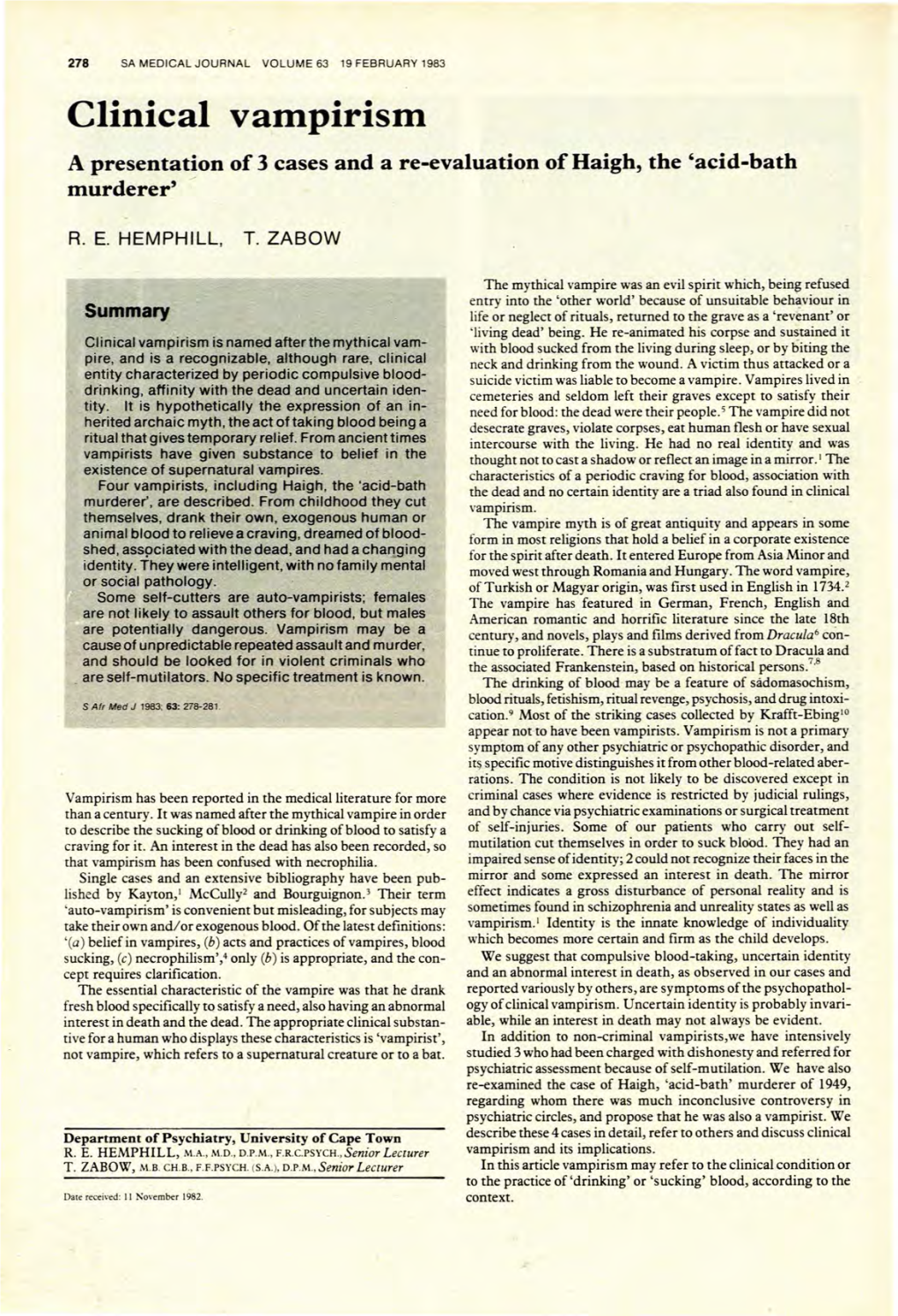 Clinical Vampirism•• a Presentation of 3 Cases and a Re-Evaluation of Haigh, the 'Acid-Bath Murderer' ~