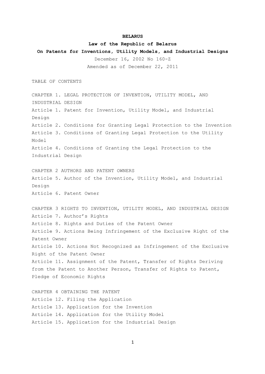 Patents for Inventions, Utility Models, and Industrial Designs December 16, 2002 No 160-Z Amended As of December 22, 2011
