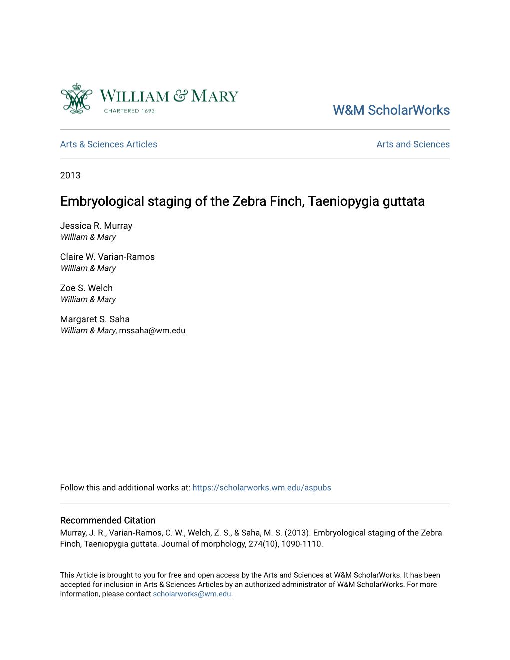 Embryological Staging of the Zebra Finch, Taeniopygia Guttata