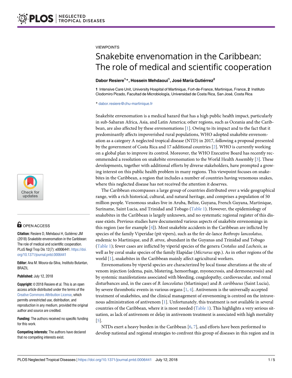 Snakebite Envenomation in the Caribbean: the Role of Medical and Scientific Cooperation