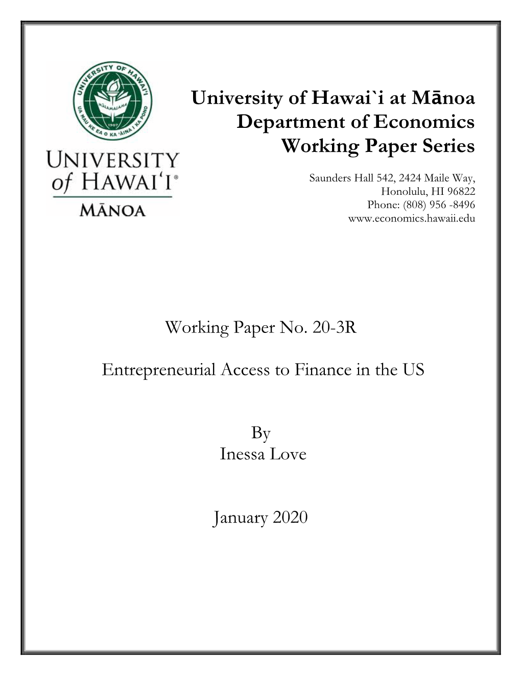 University of Hawai`I at Mānoa Department of Economics Working Paper Series