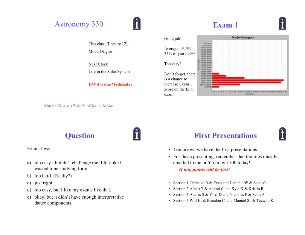 Astronomy 330 Exam 1 Question First Presentations