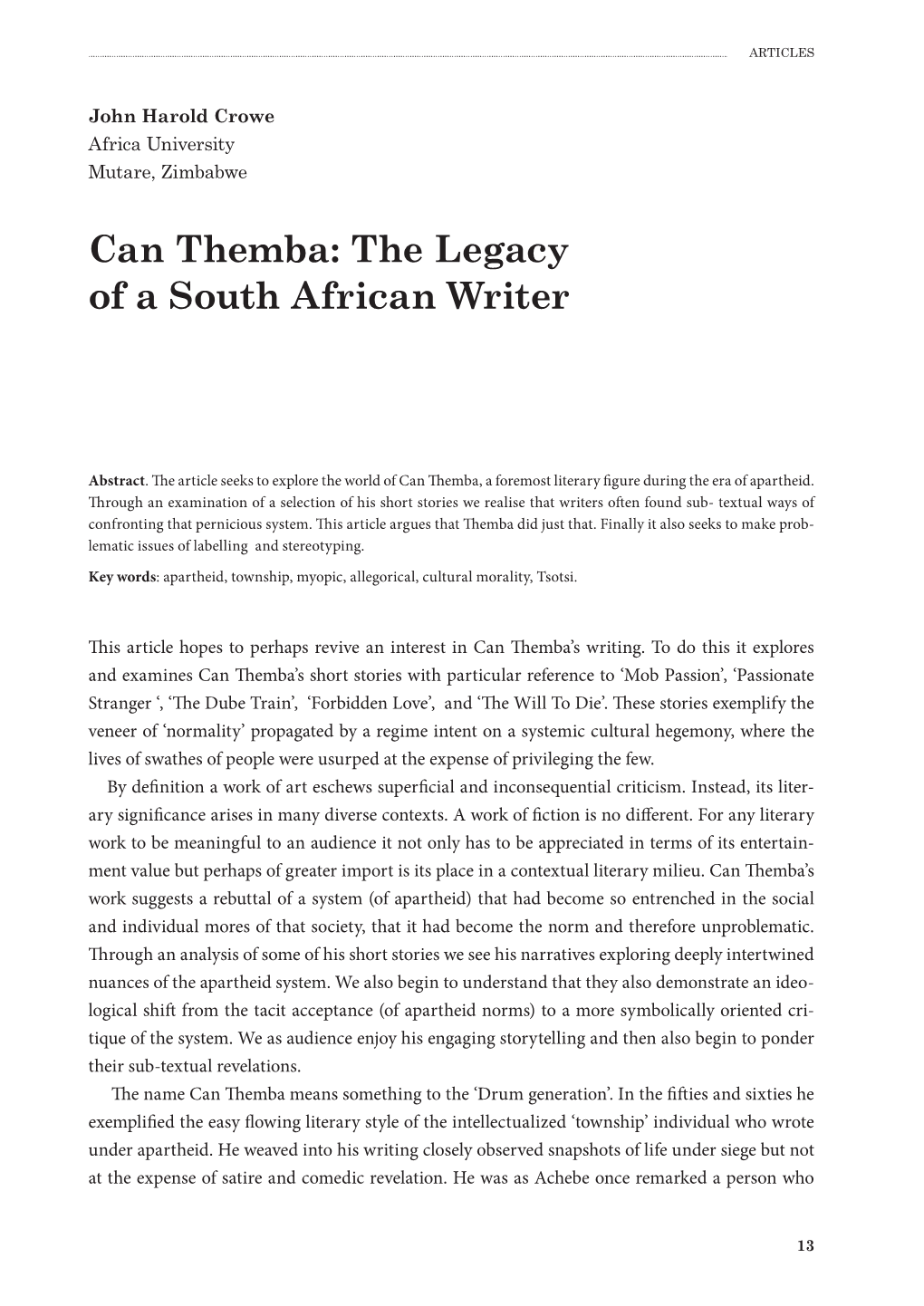 Can Themba: the Legacy of a South African Writer