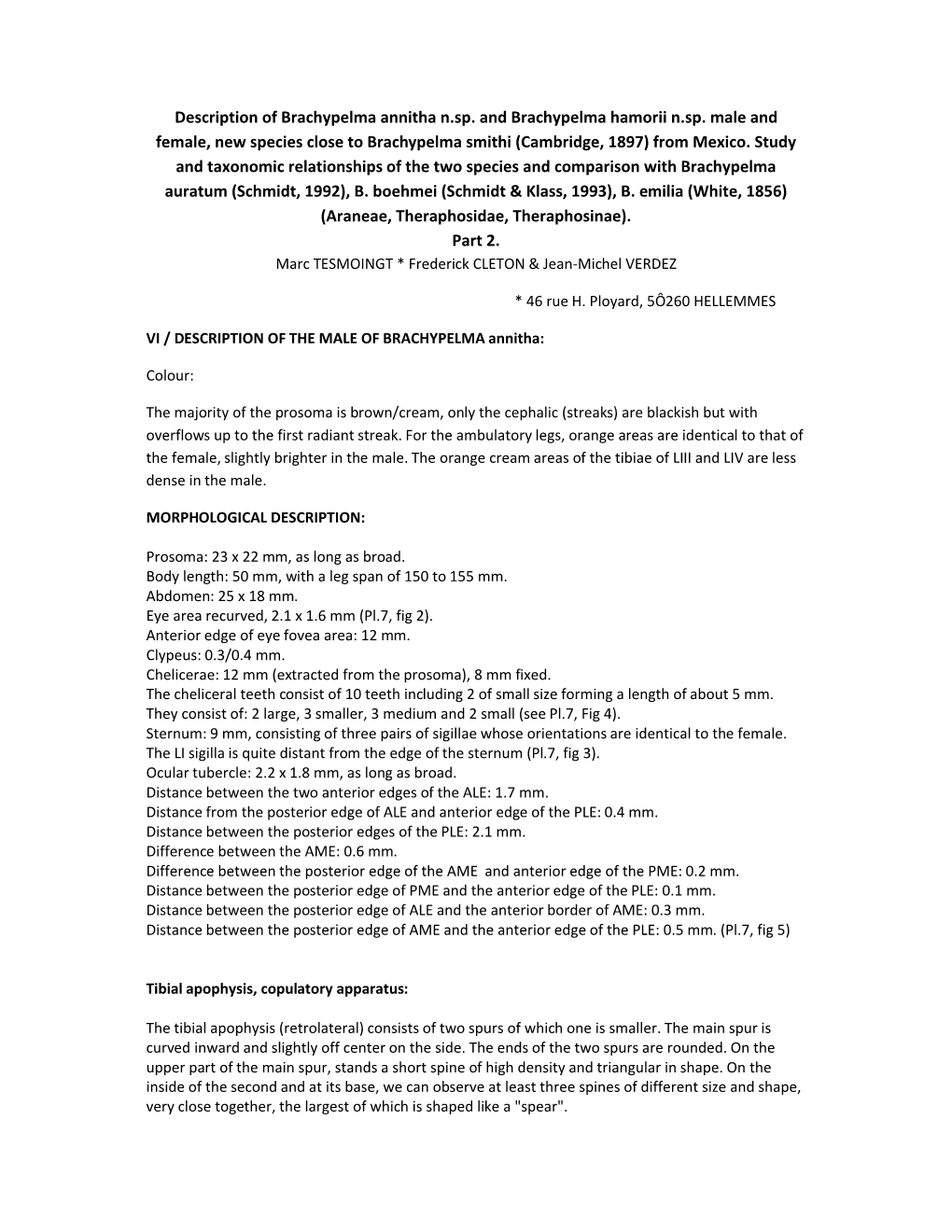 Description of Brachypelma Annitha N.Sp. and Brachypelma Hamorii N.Sp