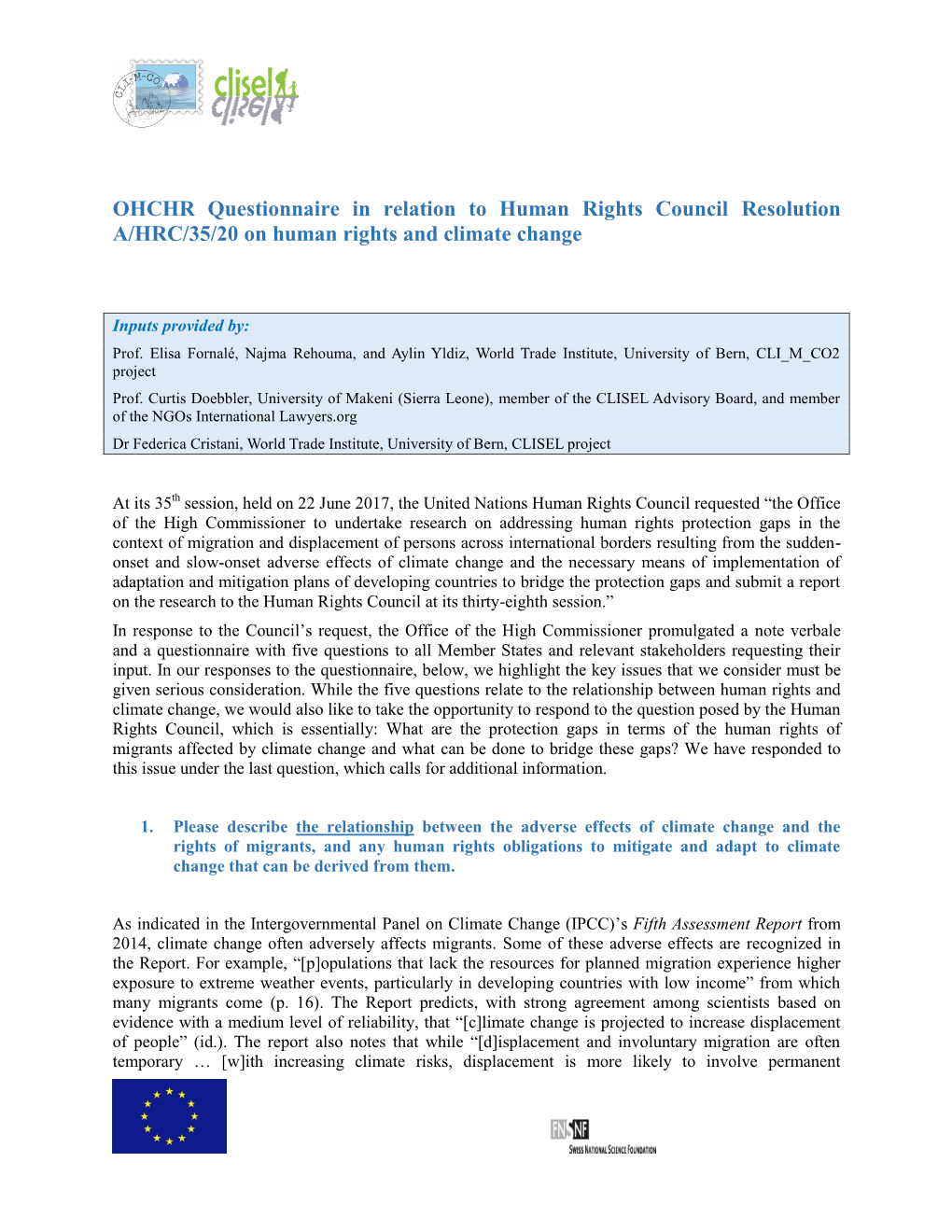 OHCHR Questionnaire in Relation to Human Rights Council Resolution A/HRC/35/20 on Human Rights and Climate Change