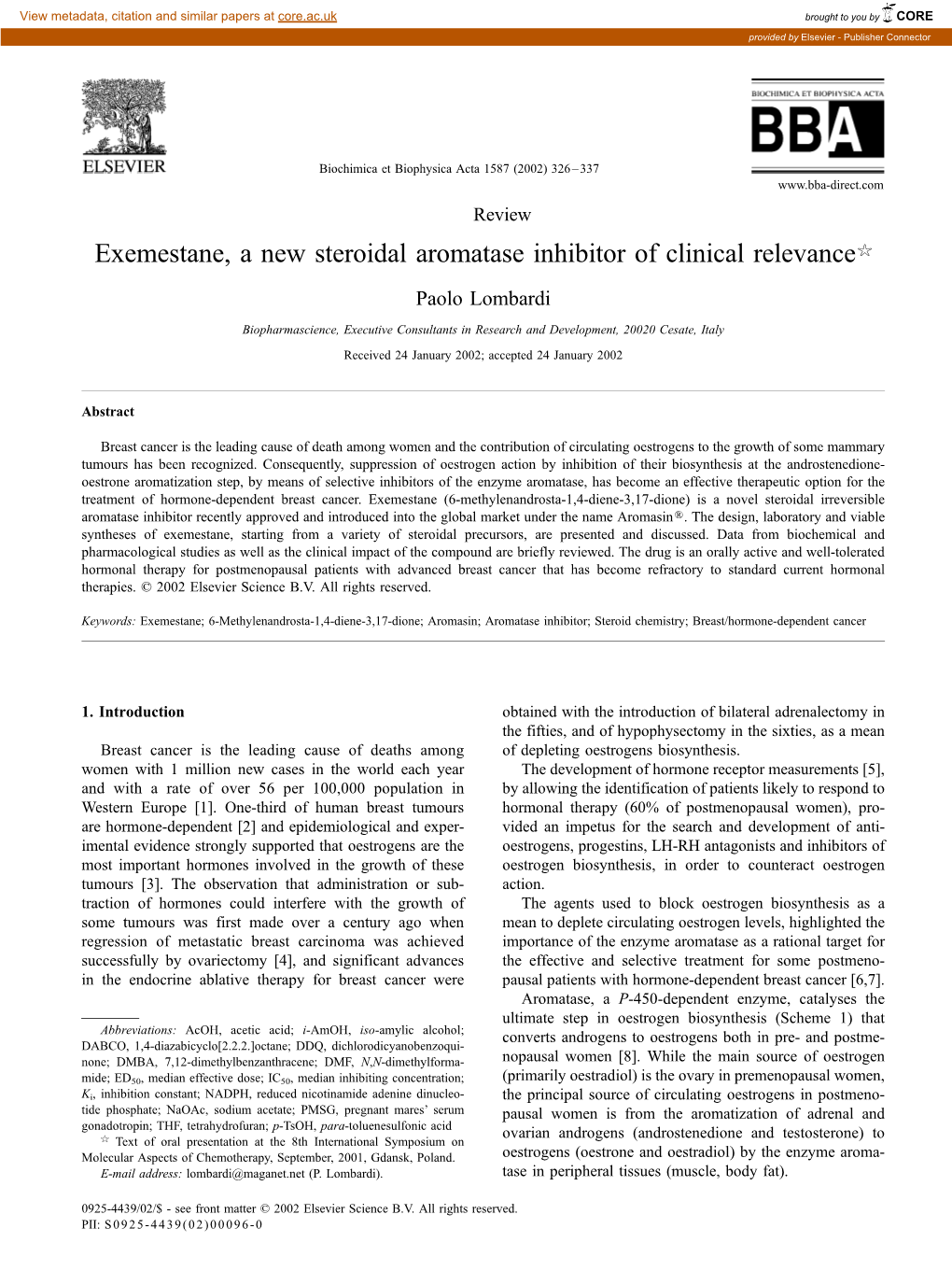 Exemestane, a New Steroidal Aromatase Inhibitor of Clinical Relevance$