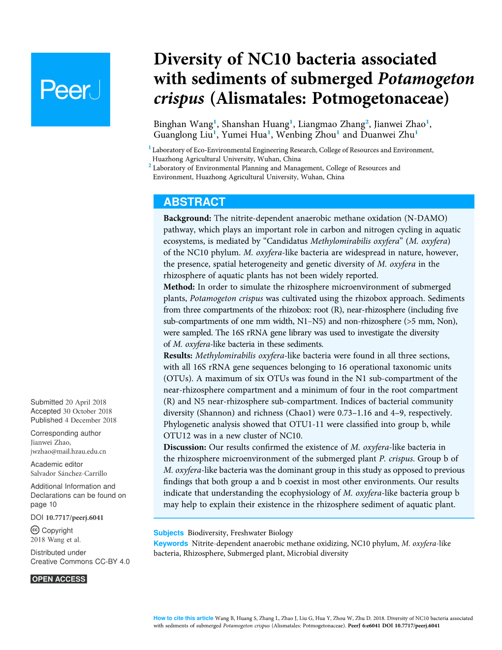 Diversity of NC10 Bacteria Associated with Sediments of Submerged Potamogeton Crispus (Alismatales: Potmogetonaceae)