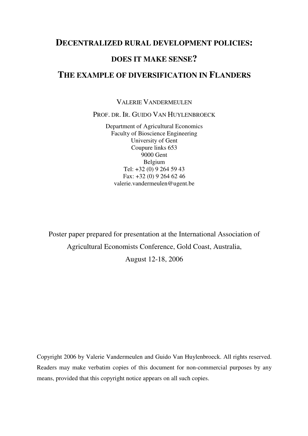 Decentralized Rural Development Policies: Does It Make Sense? the Example of Diversification in Flanders