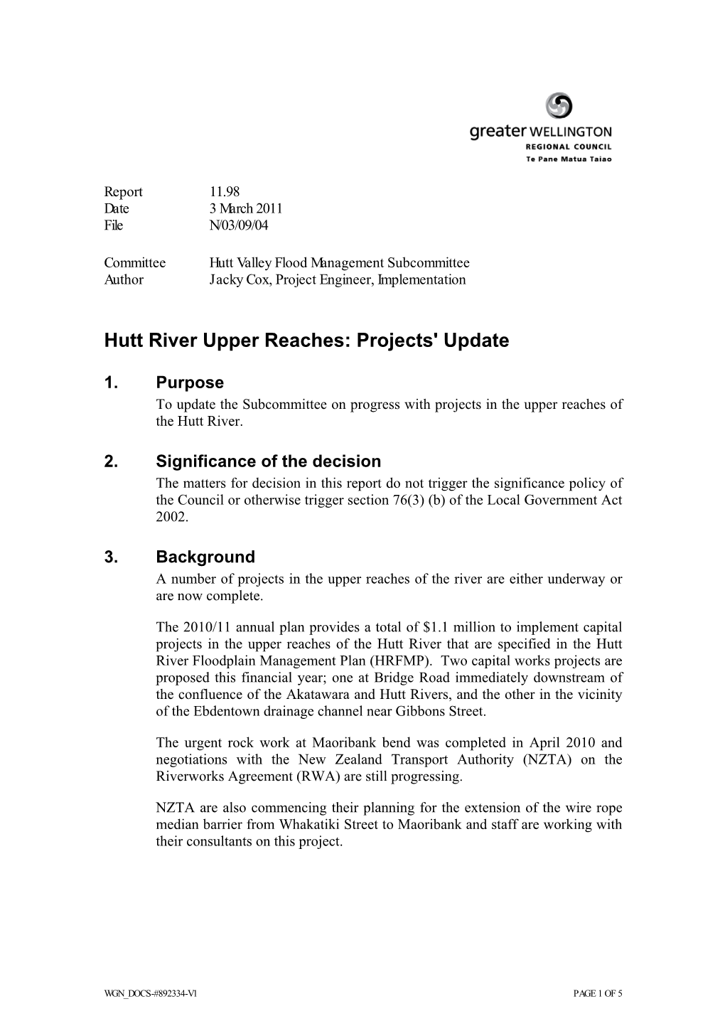 Hutt River Upper Reaches: Projects' Update