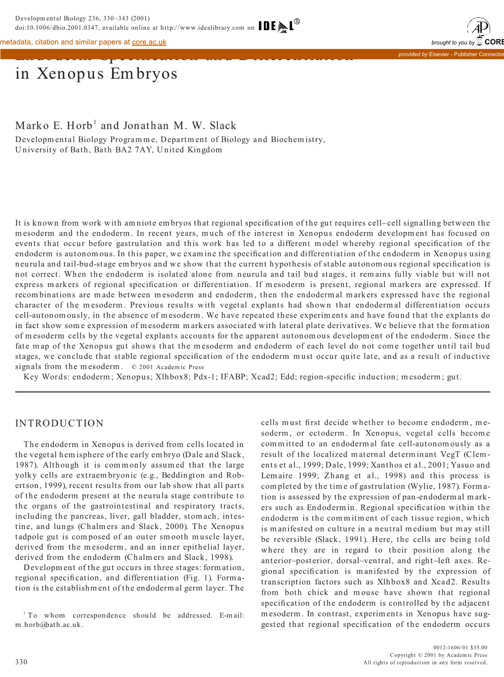 Endoderm Specification and Differentiation in Xenopus Embryosdevelopmental Biology