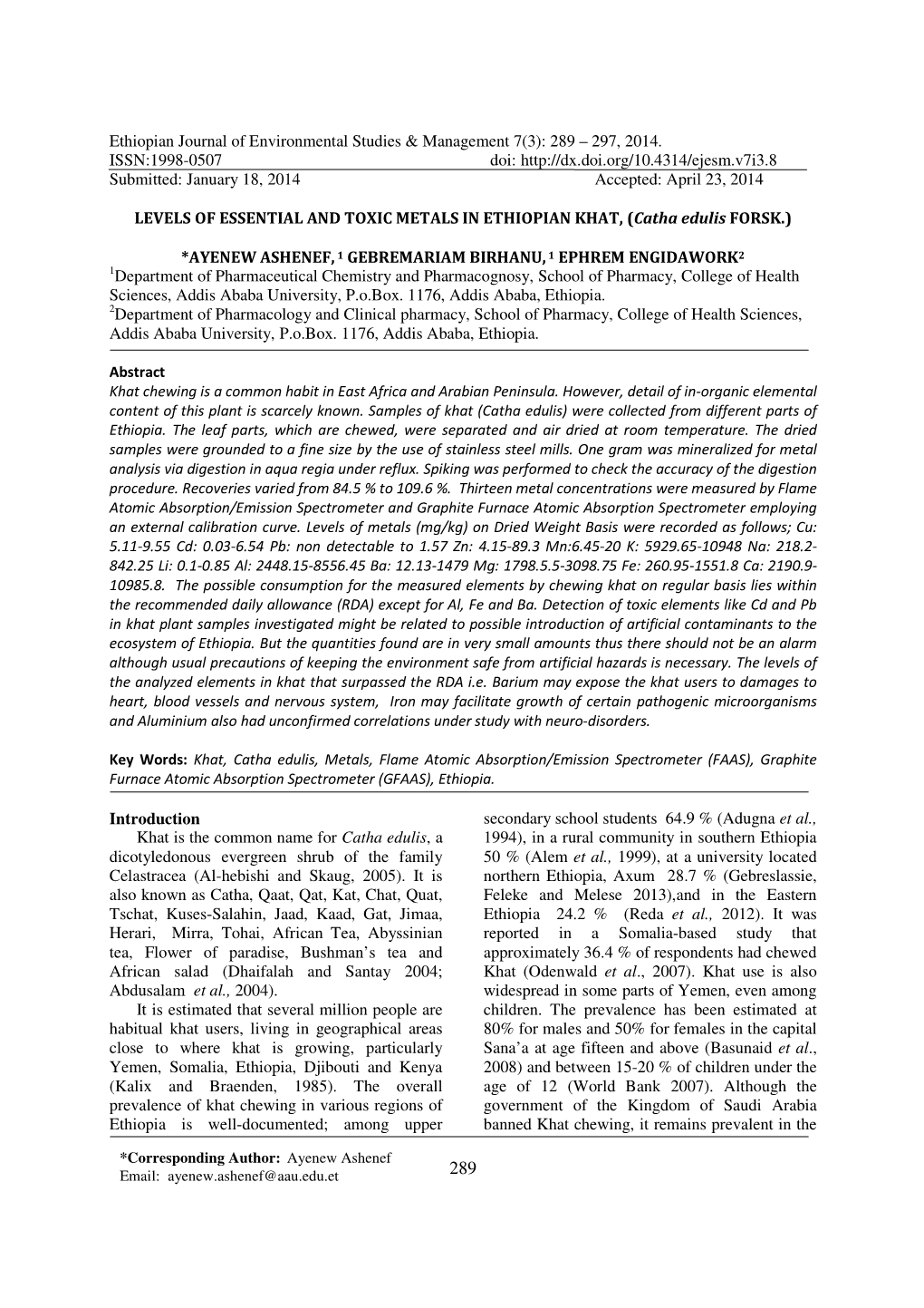 Ethiopian Journal of Environmental Studies & Management 7(3): 289 – 297, 2014