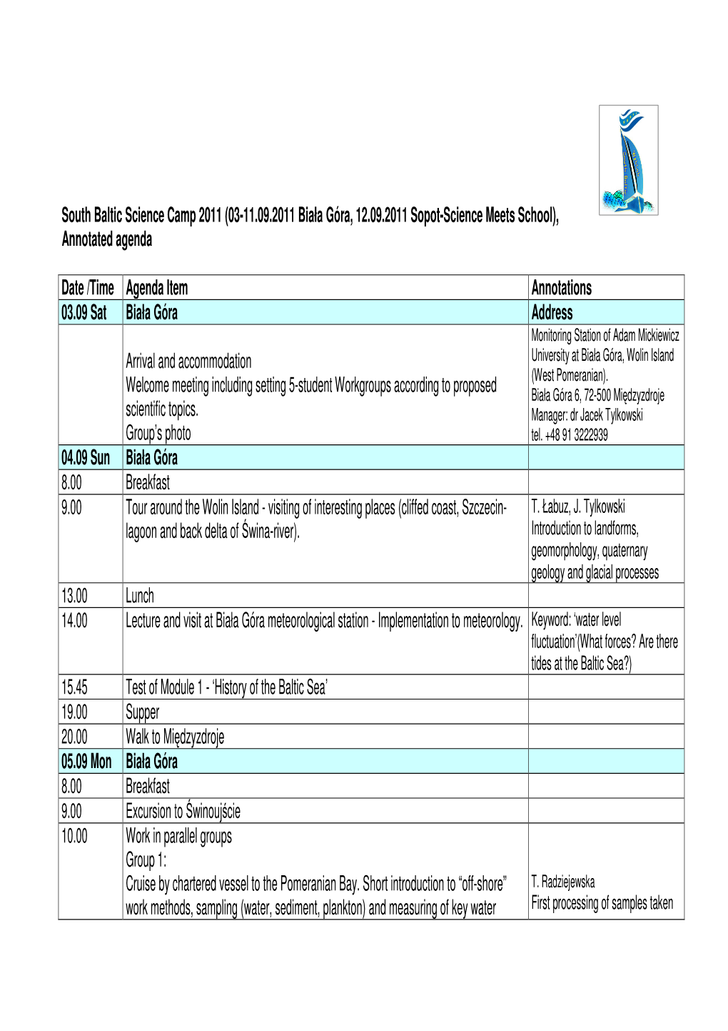 South Baltic Science Camp 2011 (03-11.09.2011 Biała Góra, 12.09.2011 Sopot-Science Meets School), Annotated Agenda