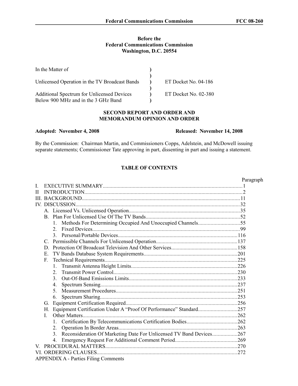 Federal Communications Commission FCC 08-260