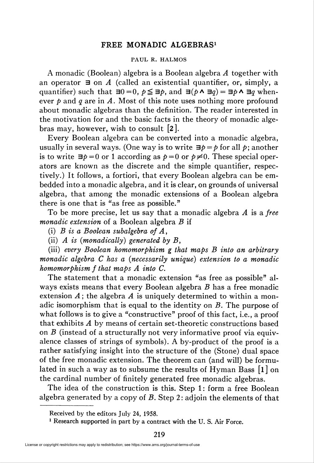 Free Monadic Algebras1