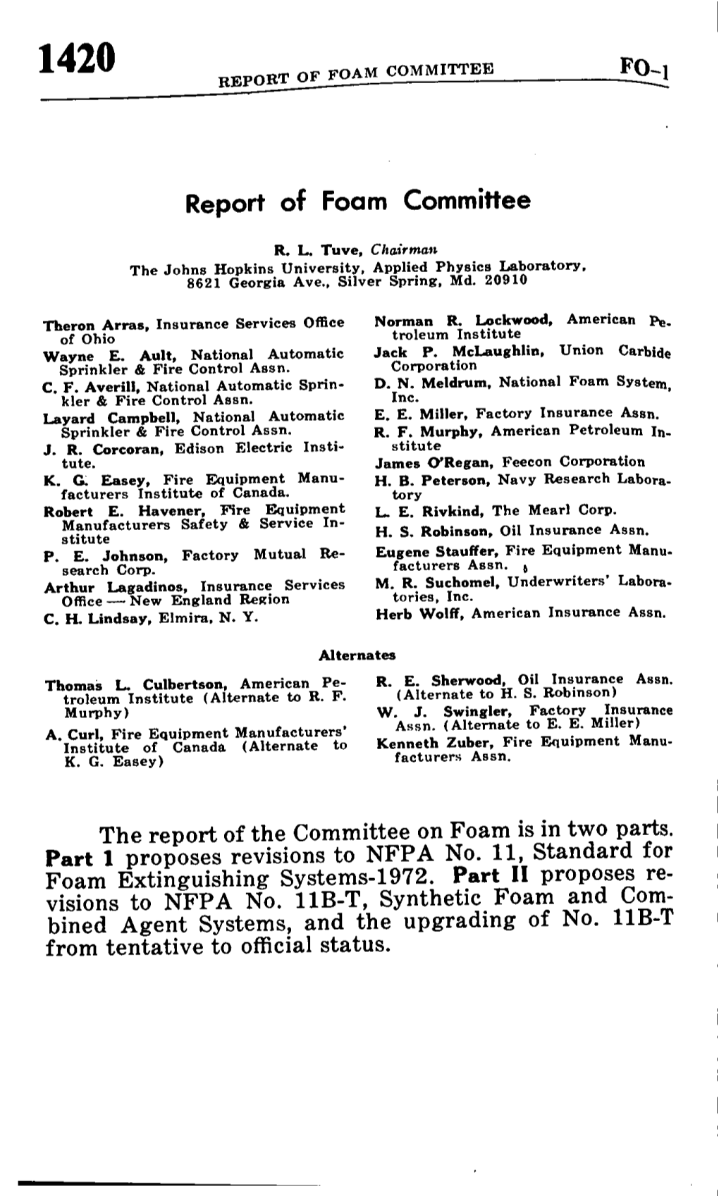 Report of Foam Committee Fo-I