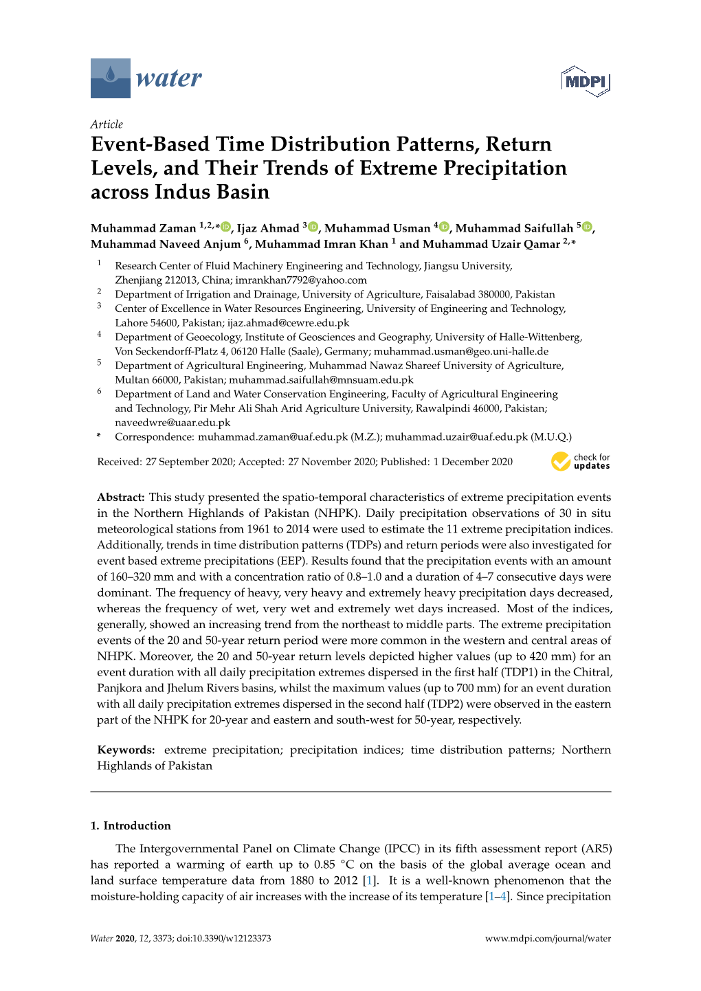 Event-Based Time Distribution Patterns, Return Levels, and Their Trends of Extreme Precipitation Across Indus Basin