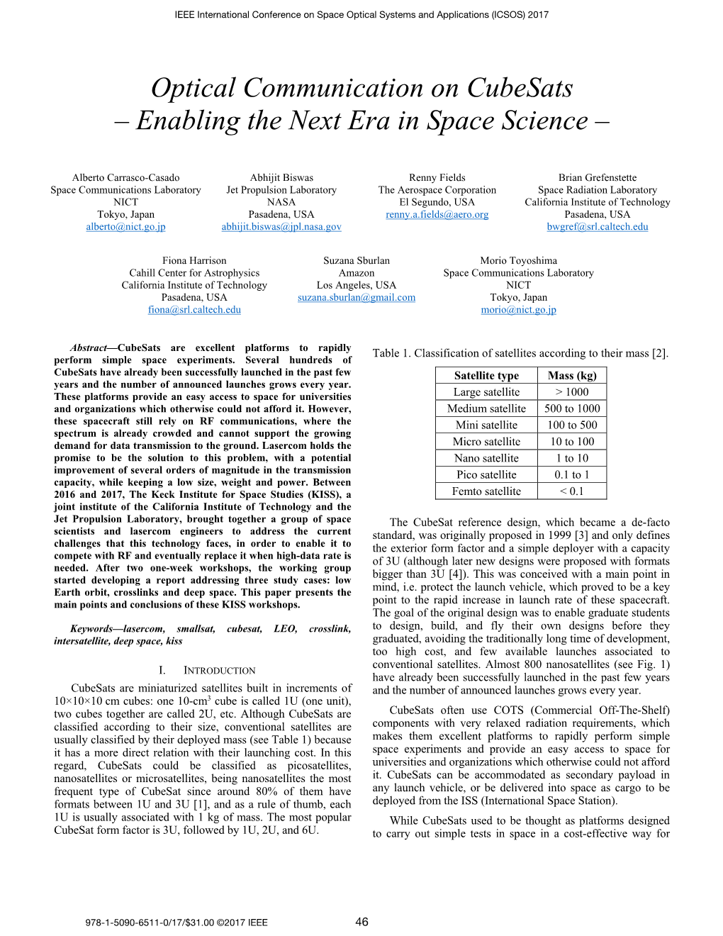 Optical Communication on Cubesats – Enabling the Next Era in Space Science –