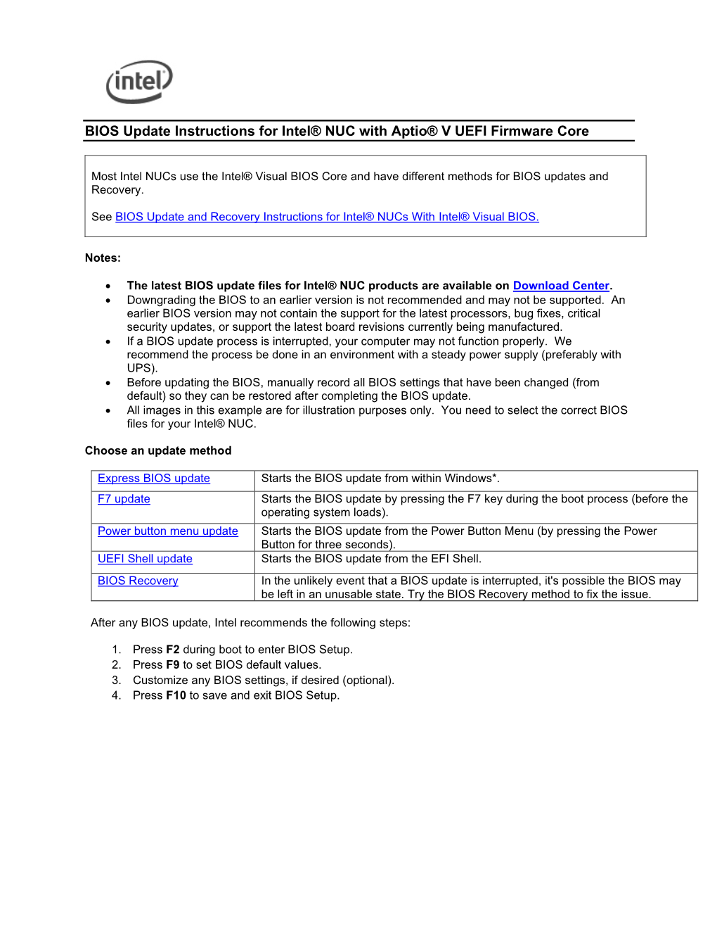 BIOS Update Instructions for Intel® NUC with Aptio® V UEFI Firmware Core