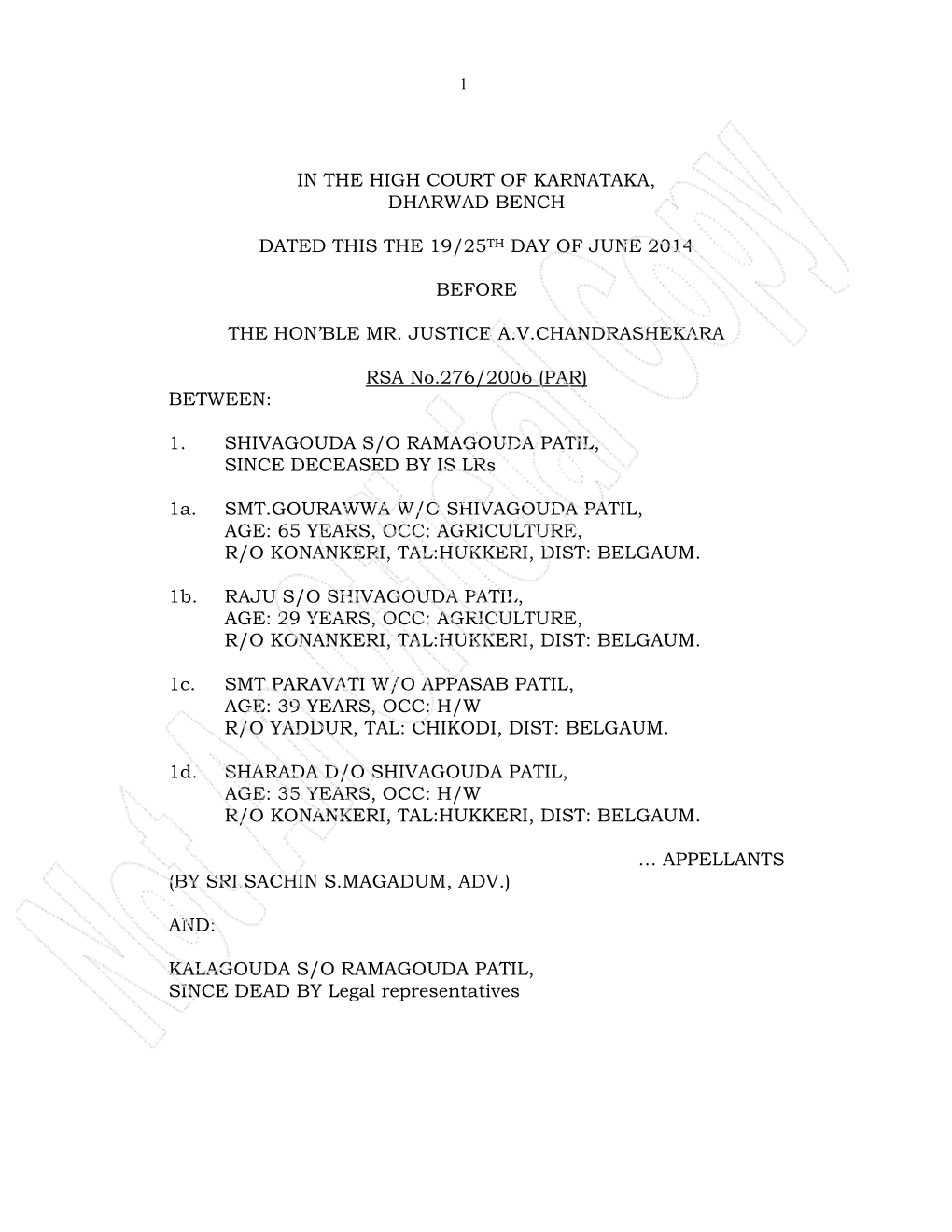 RSA No.276/2006 in the HIGH COURT of KARNATAKA