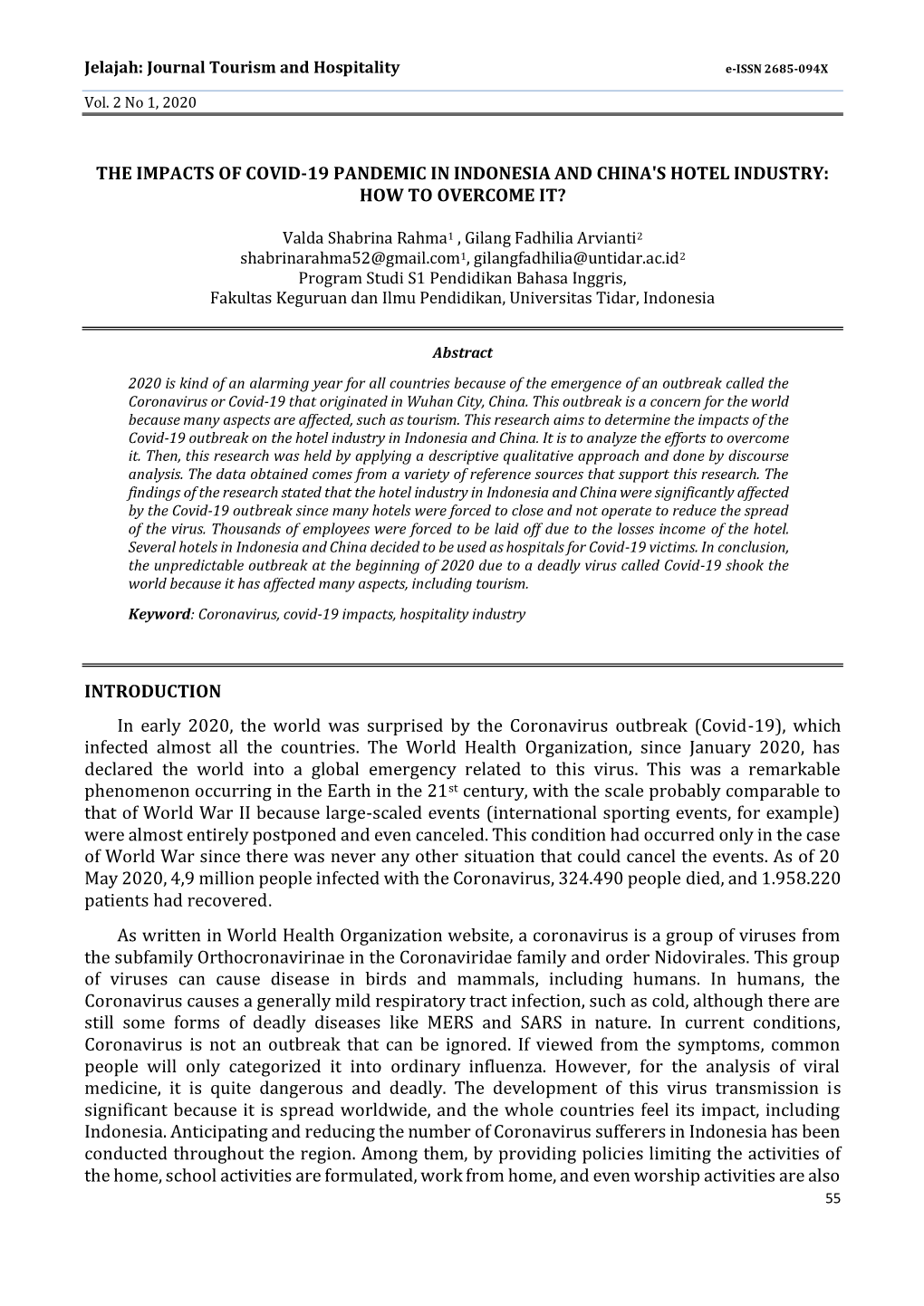 The Impacts of Covid-19 Pandemic in Indonesia and China's Hotel Industry: How to Overcome It?