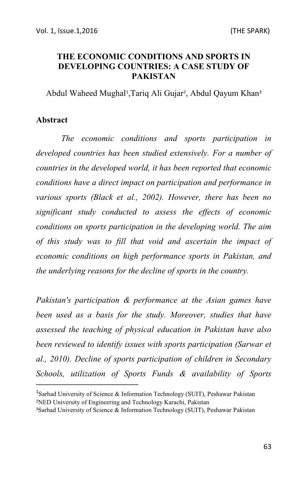 The Economic Conditions and Sports in Developing Countries: a Case Study of Pakistan