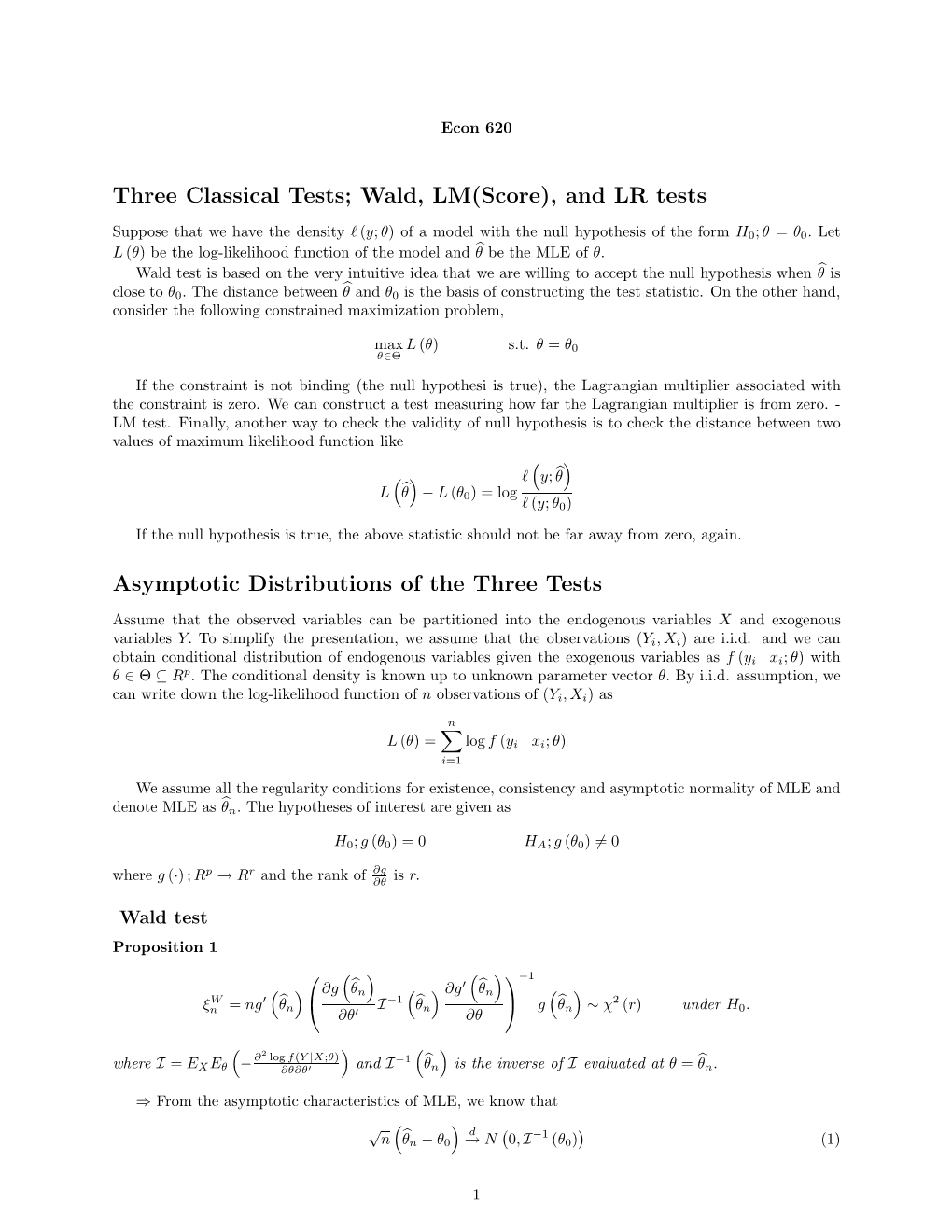 Wald, LM(Score), and LR Tests Asymptotic Distributions of The