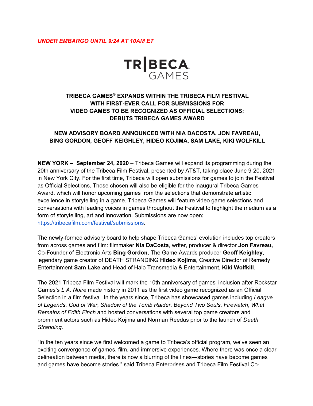 Under Embargo Until 9/24 at 10Am Et Tribeca Games