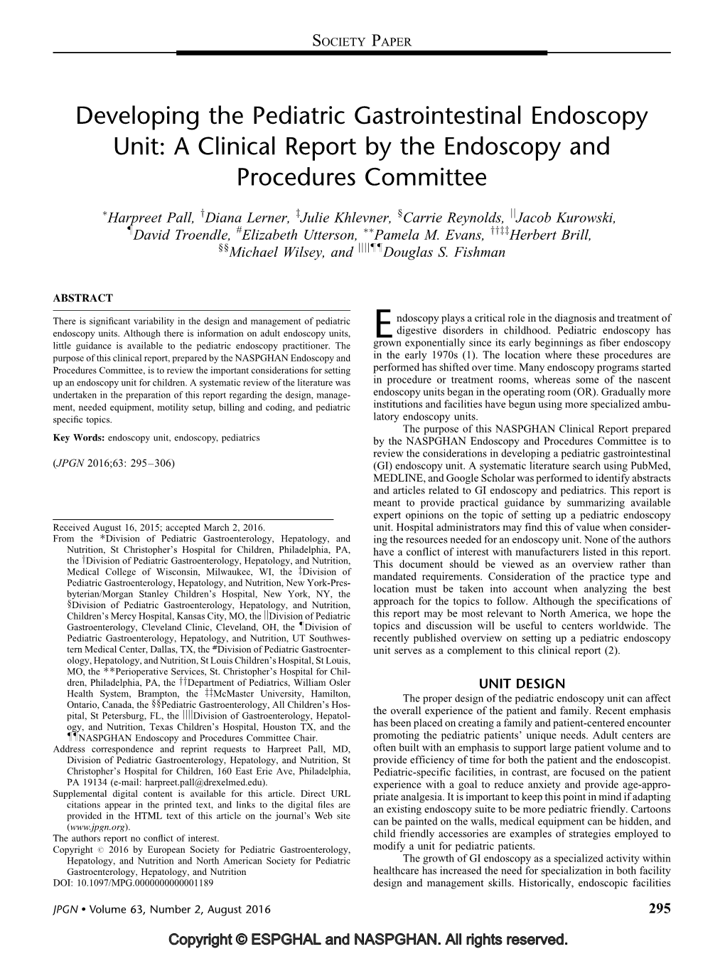 Developing the Pediatric Gastrointestinal Endoscopy Unit: a Clinical Report by the Endoscopy and Procedures Committee
