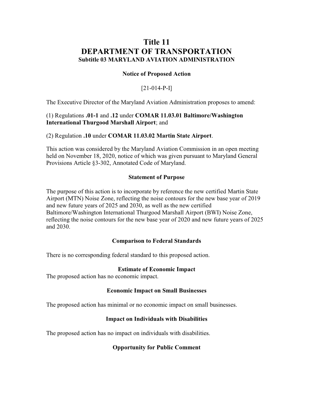 Title 11 DEPARTMENT of TRANSPORTATION Subtitle 03 MARYLAND AVIATION ADMINISTRATION