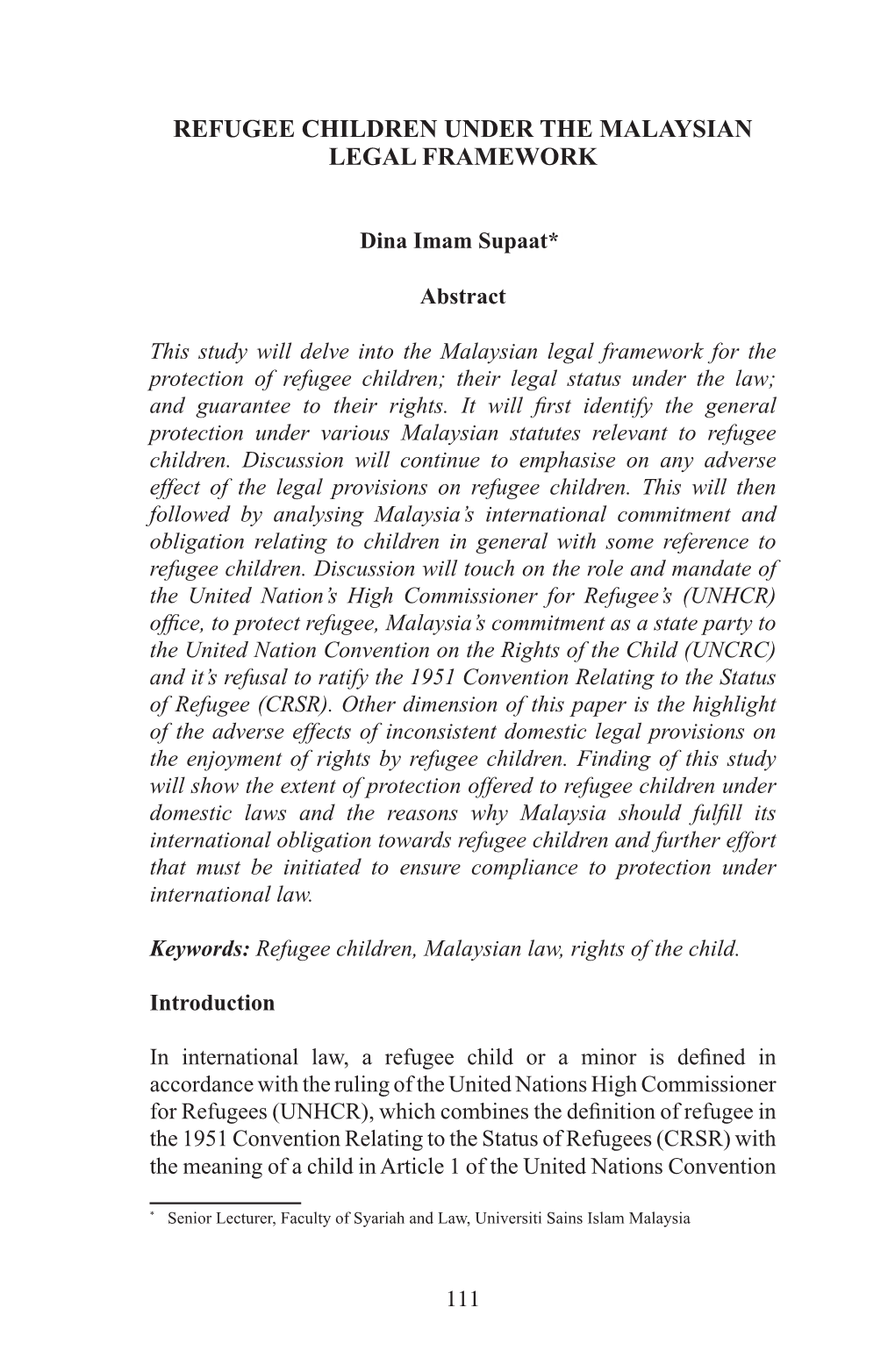 Refugee Children Under the Malaysian Legal Framework