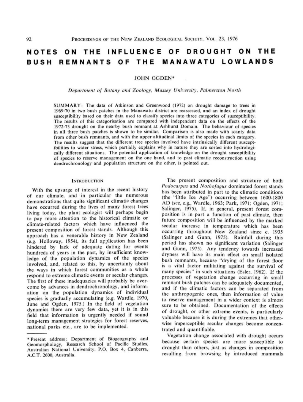 Notes on the Influence of Drought on the Bush Remnants of the Manawatu Lowlands