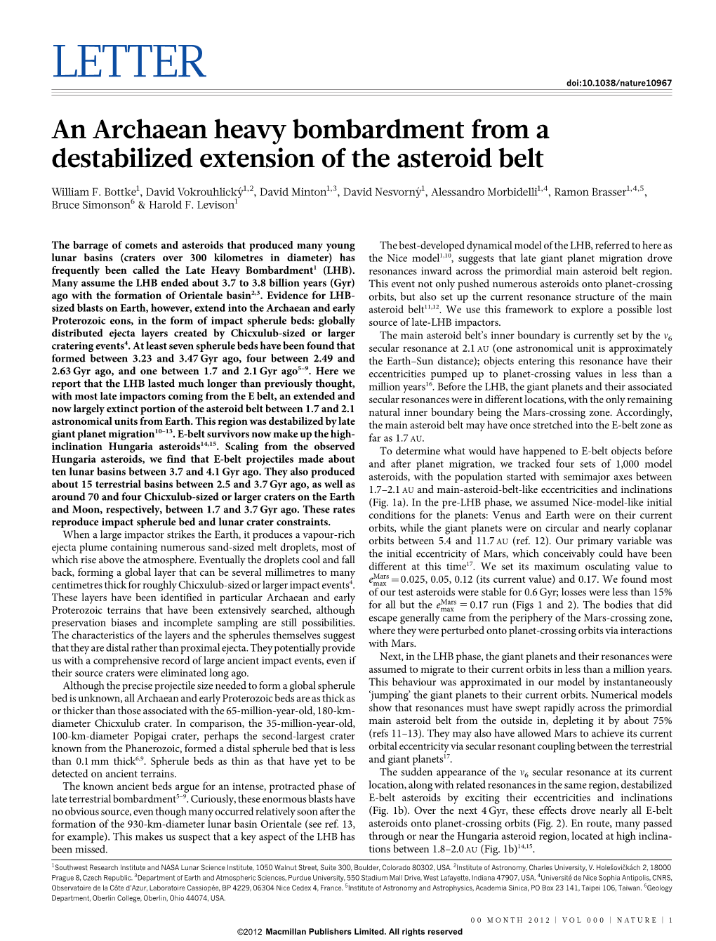 An Archaean Heavy Bombardment from a Destabilized Extension of the Asteroid Belt